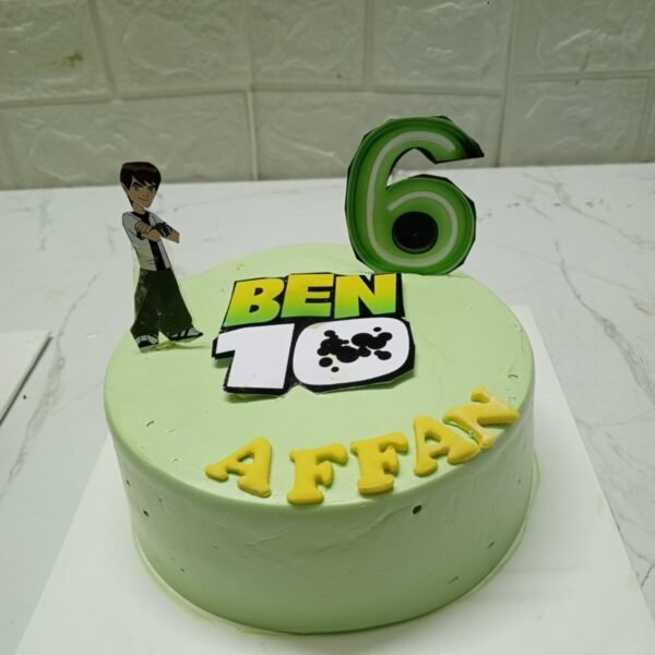 Green Ben 10 themed birthday cake with Ben Tennyson figure and custom name "Affan".