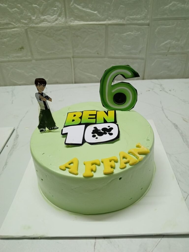 Green Ben 10 themed birthday cake with Ben Tennyson figure and custom name "Affan".